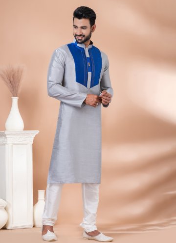 Adorable Plain Work Banarasi Grey Kurta Pyjama