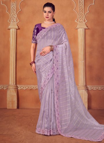 Adorable Purple Organza Embroidered Classic Designer Saree