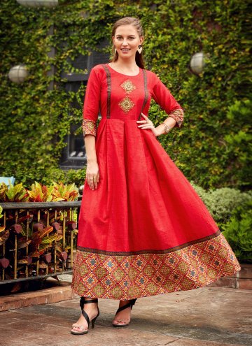 Adorable Red Cotton  Printed Party Wear Kurti