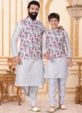 Adorable Silver Cotton  Printed Kurta Payjama With Jacket for Ceremonial - 1