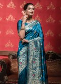 Adorable Teal Banarasi Woven Classic Designer Saree for Casual - 1