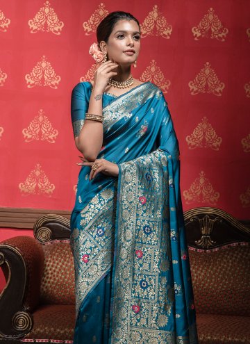 Adorable Teal Banarasi Woven Classic Designer Saree for Casual