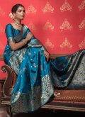 Adorable Teal Banarasi Woven Classic Designer Saree for Casual - 2