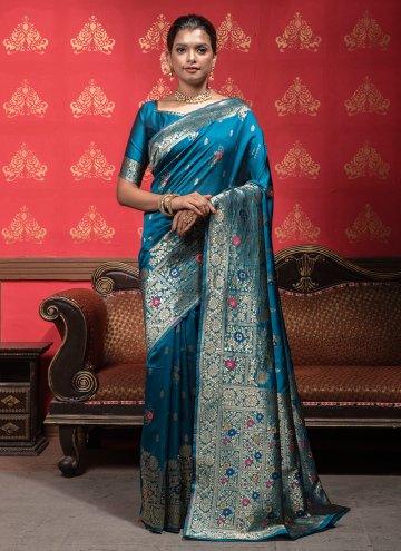 Adorable Teal Banarasi Woven Classic Designer Sare