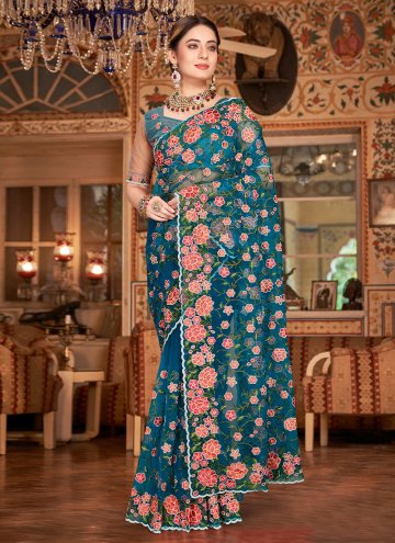 Adorable Teal Net Embroidered Trendy Saree