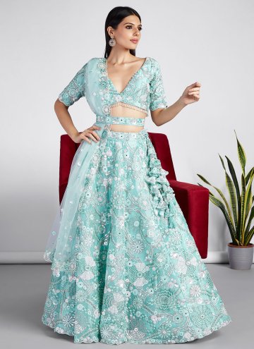 Adorable Turquoise Organza Embroidered A Line Lehe