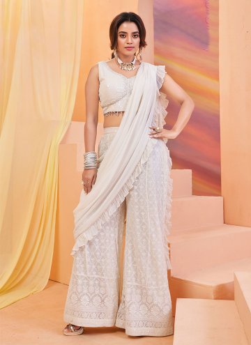 Adorable White Georgette Embroidered Palazzo Suit for Party