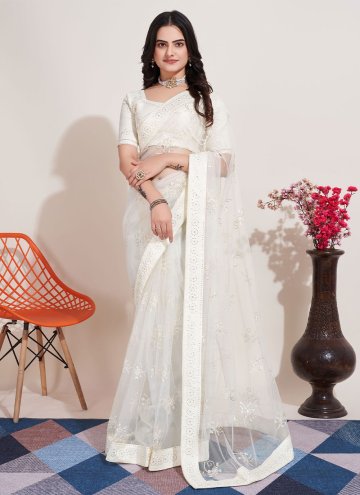 Adorable White Net Embroidered Trendy Saree for Ceremonial