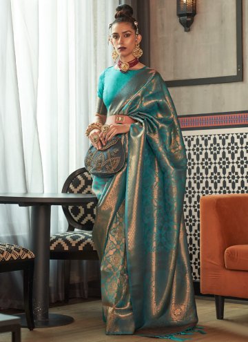Adorable Woven Silk Turquoise Classic Designer Sar