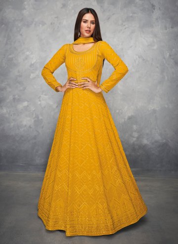 Adorable Yellow Faux Georgette Embroidered Designe