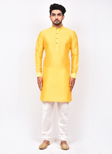 Adorable Yellow Jacquard Silk Plain Work Kurta Pyjama for Ceremonial