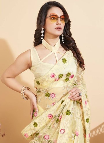 Adorable Yellow Net Embroidered Trendy Saree