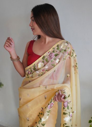 Adorable Yellow Organza Embroidered Trendy Saree