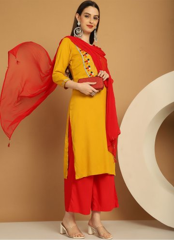 Adorable Yellow Rayon Embroidered Palazzo Suit