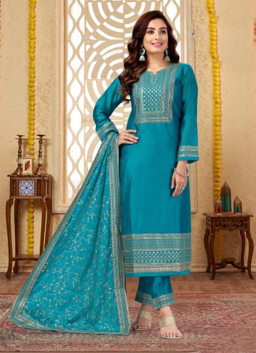 Alluring Aqua Blue Silk Embroidered Salwar Suit