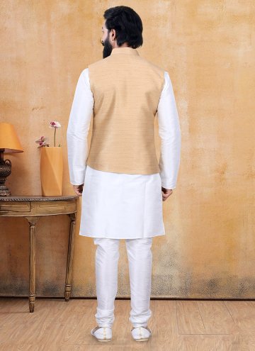 Alluring Beige and Off White Jacquard Silk Fancy work Kurta Payjama With Jacket for Ceremonial