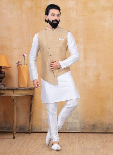 Alluring Beige and Off White Jacquard Silk Fancy work Kurta Payjama With Jacket for Ceremonial