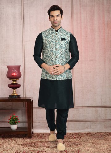 Alluring Black and Cream Banarasi Printed Kurta Payjama With Jacket for Engagement