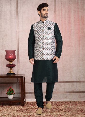 Alluring Black and Off White Banarasi Printed Kurta Payjama With Jacket