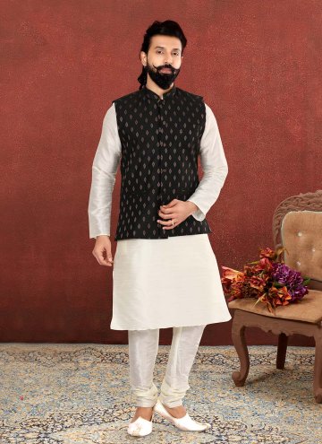 Alluring Black and Off White Cotton  Jacquard Work Kurta Payjama With Jacket for Engagement