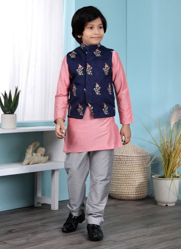 Alluring Blue and Pink Cotton Silk Jacquard Work Kurta Payjama With Jacket