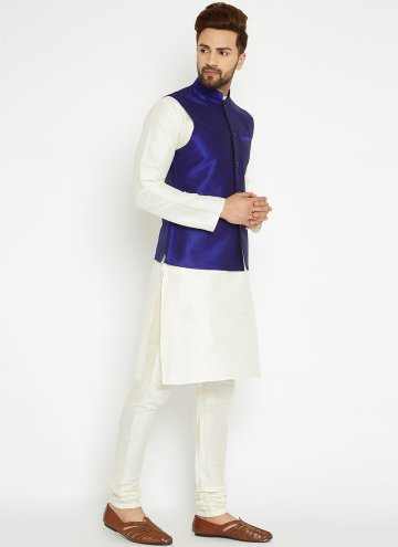 Alluring Blue and White Art Dupion Silk Fancy work Kurta Payjama With Jacket