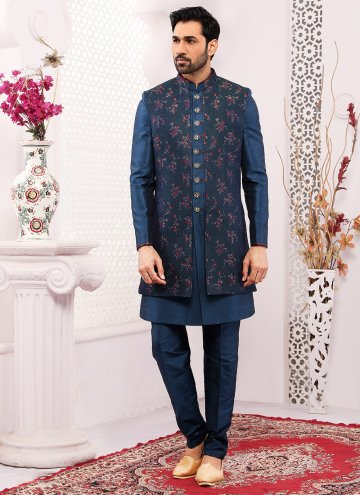 Alluring Blue Brocade Embroidered Jacket Style for Ceremonial
