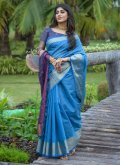 Alluring Blue Cotton  Jacquard Work Trendy Saree - 2