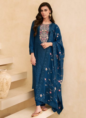 Alluring Blue Silk Embroidered Palazzo Suit