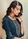 Alluring Blue Silk Embroidered Pant Style Suit - 1