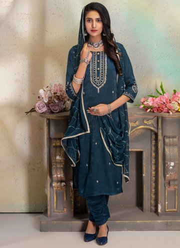 Alluring Blue Silk Embroidered Pant Style Suit