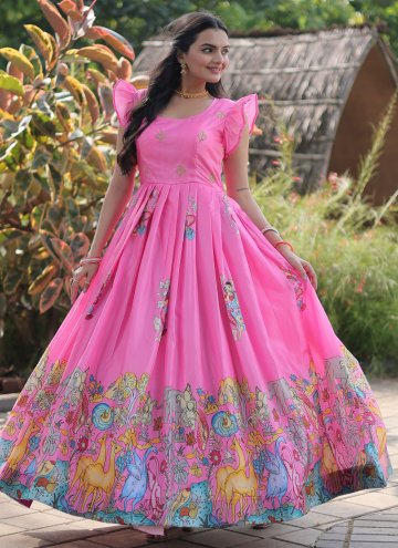 Alluring Digital Print Silk Pink Readymade Designer Gown
