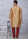 Alluring Embroidered Art Dupion Silk Gold Kurta Pyjama - 1