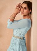 Alluring Embroidered Chiffon Aqua Blue Floor Length Gown - 1