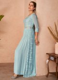 Alluring Embroidered Chiffon Aqua Blue Floor Length Gown - 2