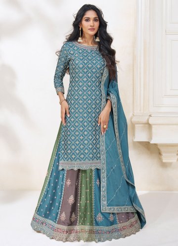 Alluring Embroidered Chinon Blue Readymade Lehenga