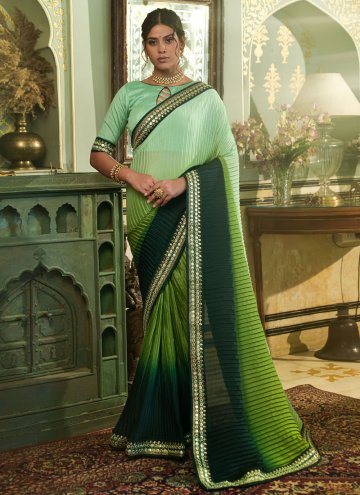 Alluring Embroidered Chinon Green Designer Saree