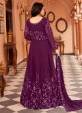 Alluring Embroidered Faux Georgette Purple Designer Floor Length Salwar Suit - 1