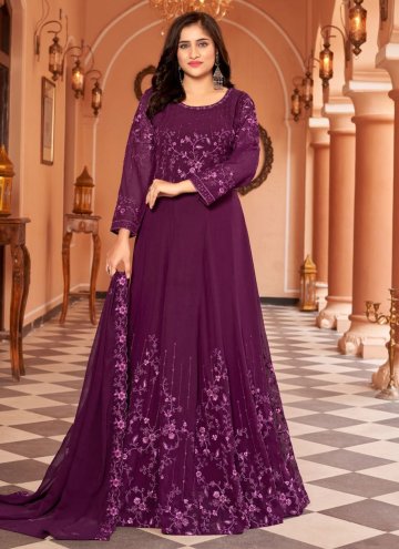 Alluring Embroidered Faux Georgette Purple Designer Floor Length Salwar Suit