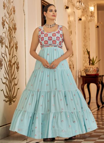 Alluring Embroidered Georgette Aqua Blue Gown