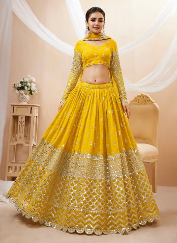 Alluring Embroidered Georgette Yellow A Line Lehen