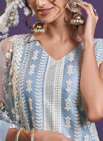 Alluring Embroidered Net Blue Designer Straight Salwar Suit