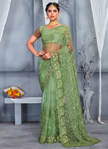 Alluring Embroidered Net Green Designer Saree