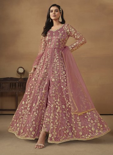 Alluring Embroidered Net Pink Pant Style Suit