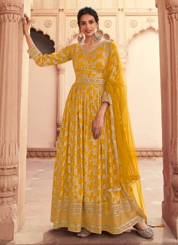 Alluring Embroidered Silk Yellow Anarkali Suit