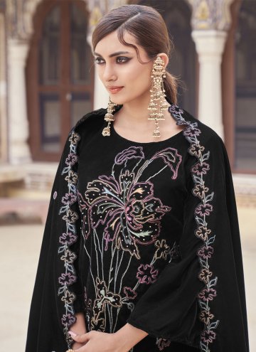 Alluring Embroidered Velvet Black Palazzo Suit