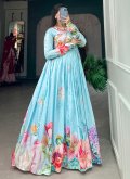 Alluring Floral Print Tussar Silk Blue Gown - 1