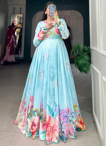 Alluring Floral Print Tussar Silk Blue Gown