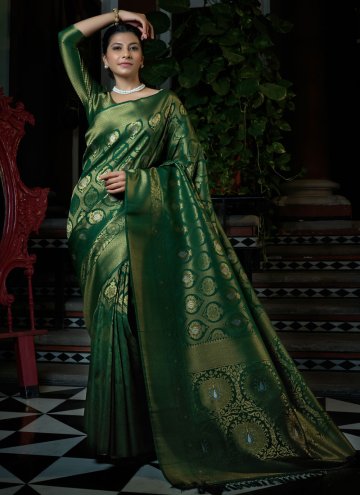 Alluring Gold and Green Kanjivaram Silk Woven Designer Saree
