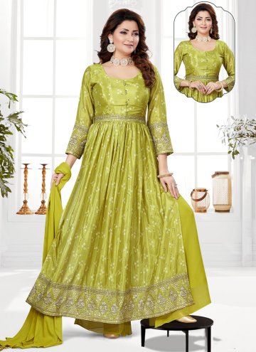 Alluring Green Chinon Embroidered Palazzo Suit
